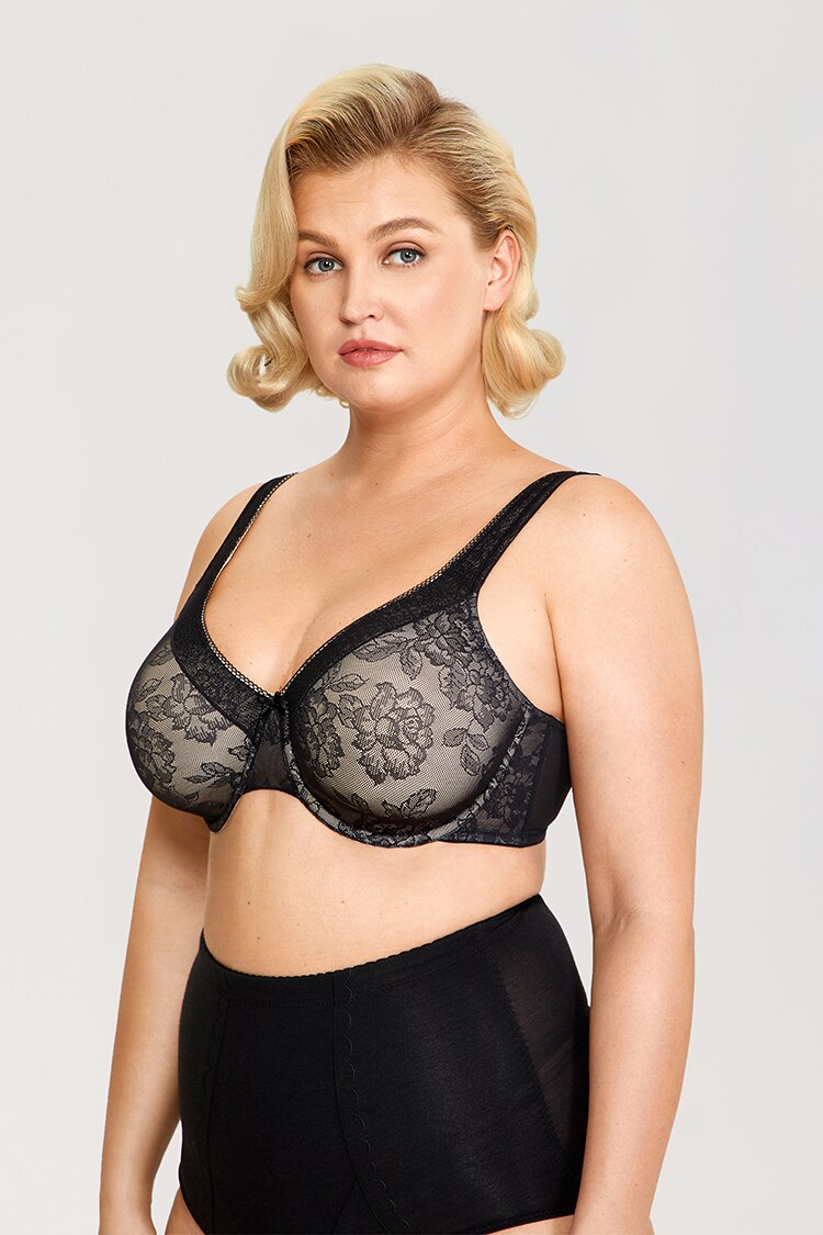 Leilani Mesh Floral Lace Underwire Minimizer Bra |C - H Cup | Black- Beige