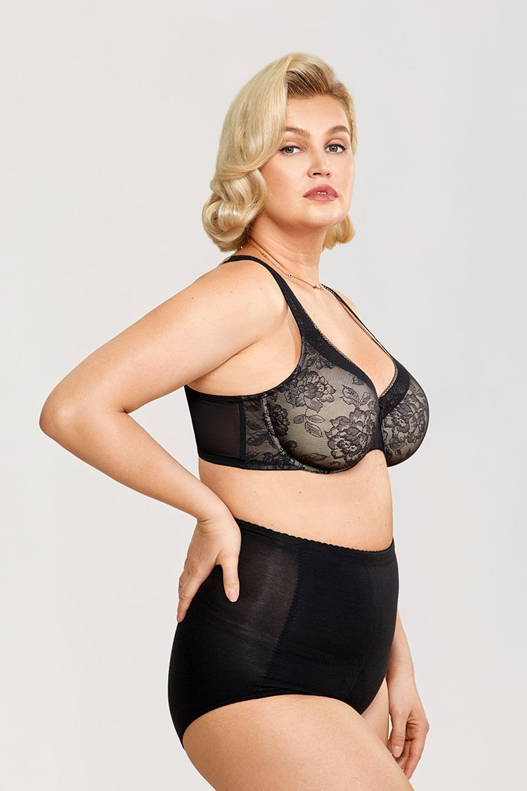 Leilani Mesh Floral Lace Underwire Minimizer Bra |C - H Cup | Black- Beige