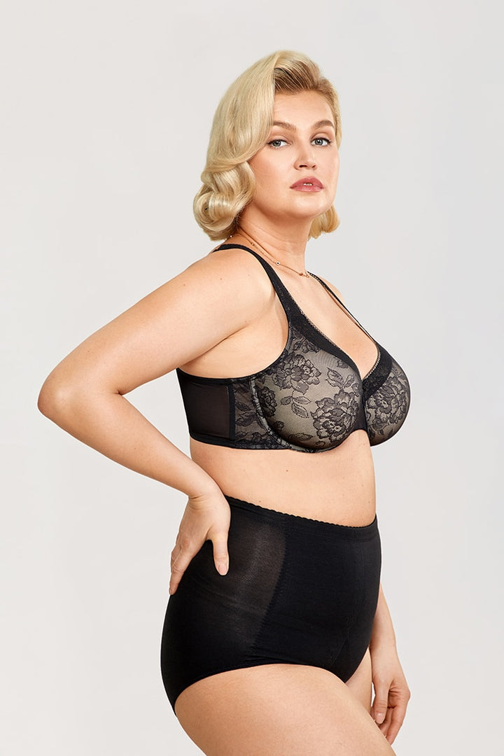 Leilani Mesh Floral Lace Underwire Minimizer Bra |C - H Cup | Black- Beige